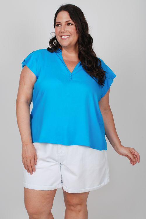 Blusa em viscose com gola padre plus size azul