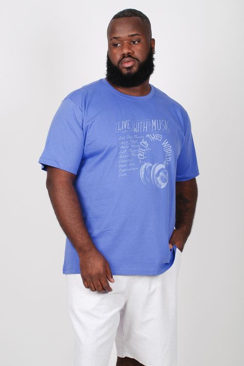 Camiseta com estampa 'live with music' plus size azul