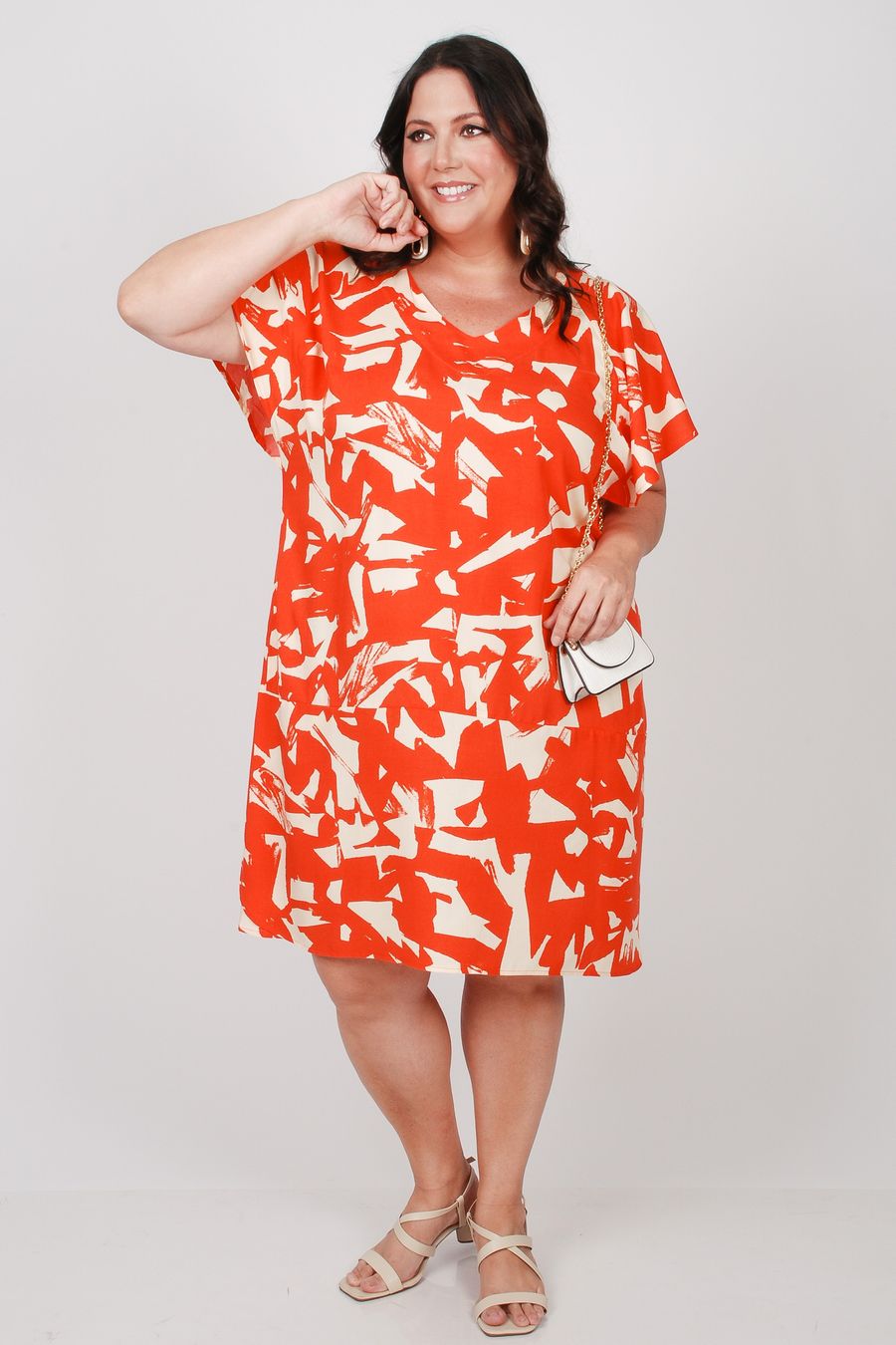 Vestido com manga em viscose estampada plus size laranja