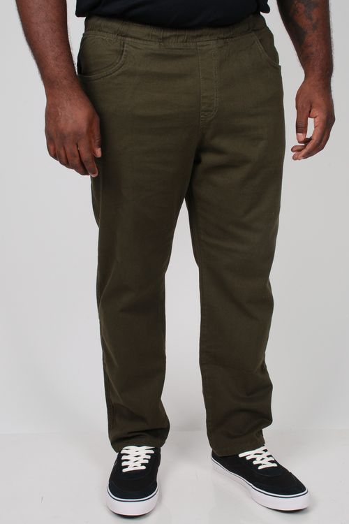 Calça de sarja com elástico no cós plus size verde militar