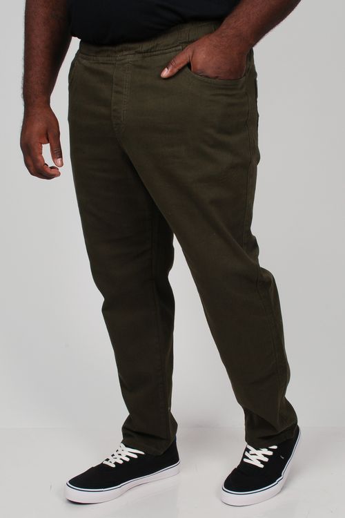 Calça de sarja com elástico no cós plus size verde militar