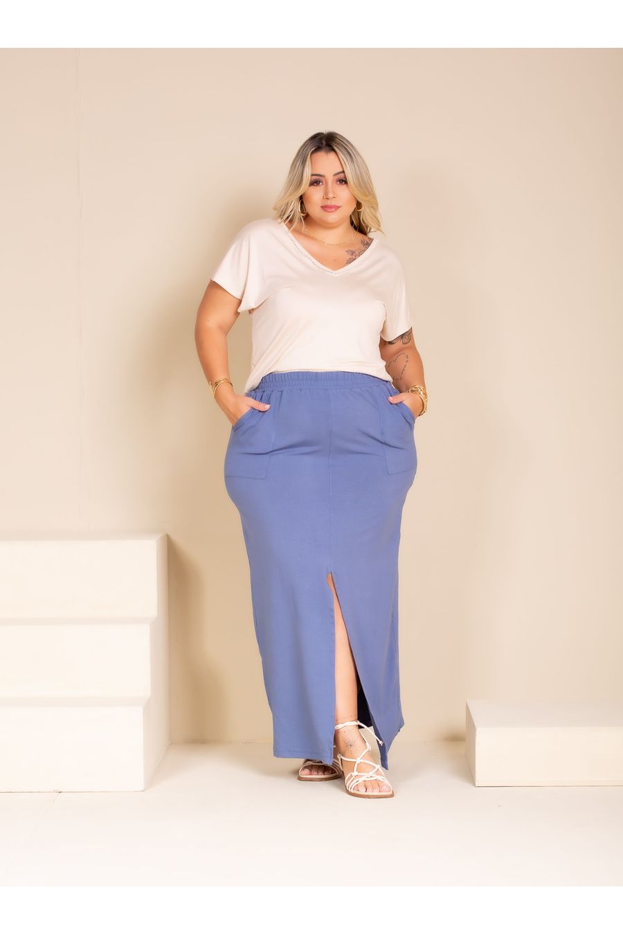 Saia Longa Moletinho Plus Size AZUL