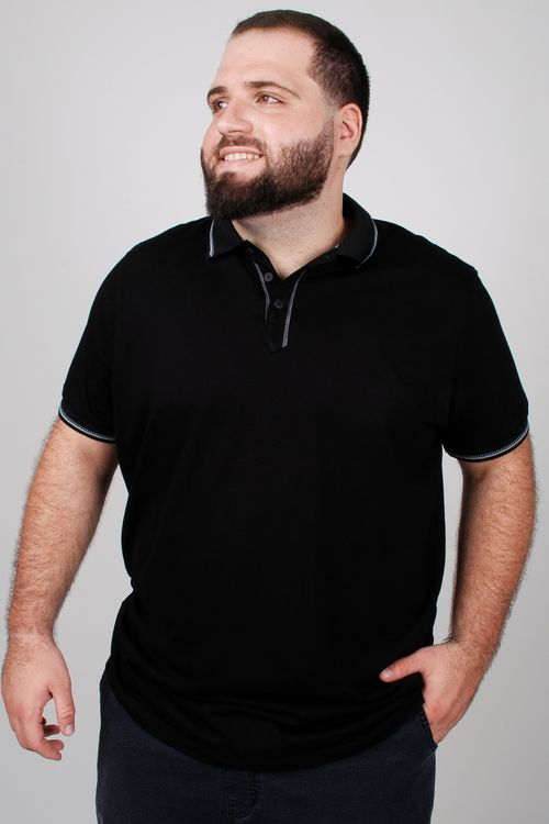 Camiseta polo em meia malha manga curta plus size preto