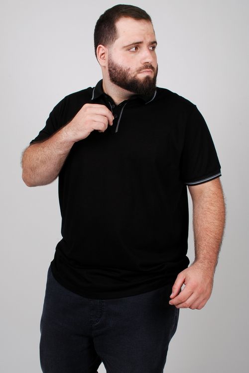 Camiseta polo em meia malha manga curta plus size preto