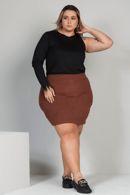 Saia Curta Veludo Plus Size MARROM