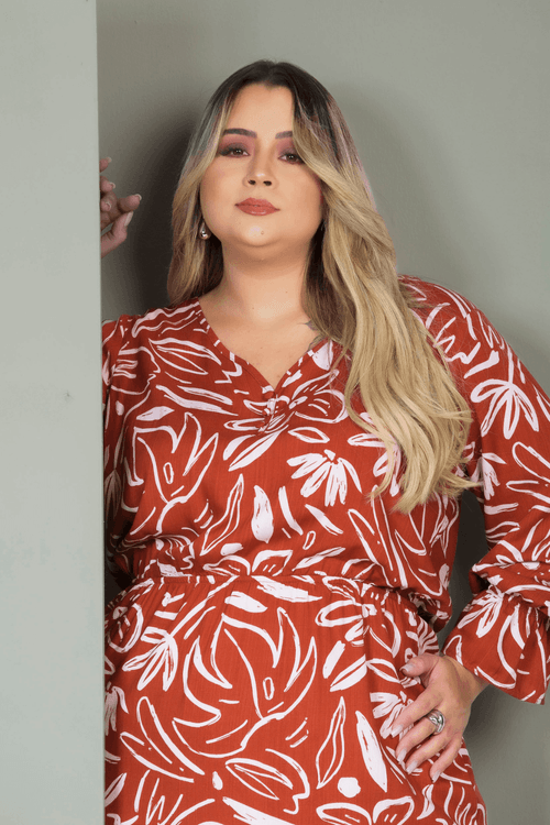 Vestido Curto Madeline Manga 7/8 Plus Size TELHA