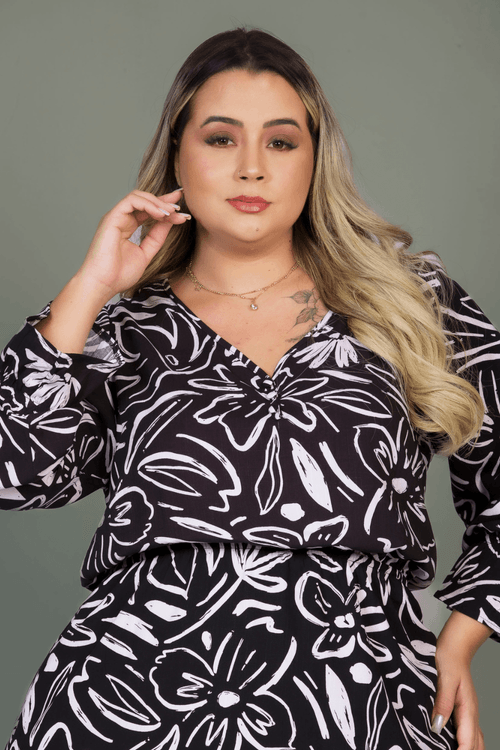 Vestido Curto Madeline Manga 7/8 Plus Size PRETO