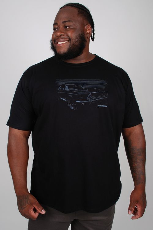 Camiseta em meia malha com estampa 'classic car' plus size plus size preto