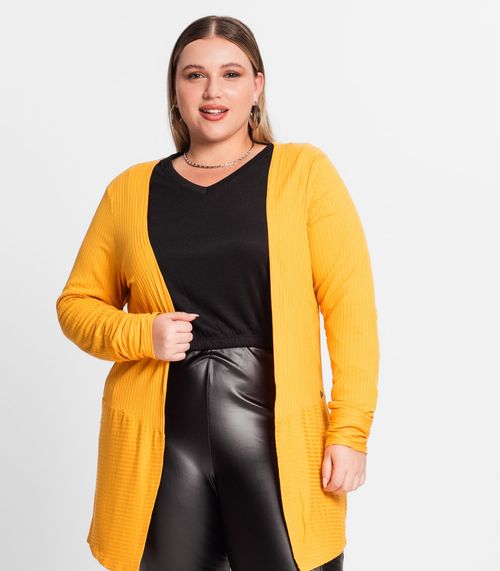 Cardigan Plus Size Em Ribana Canelada Secret Glam Amarelo