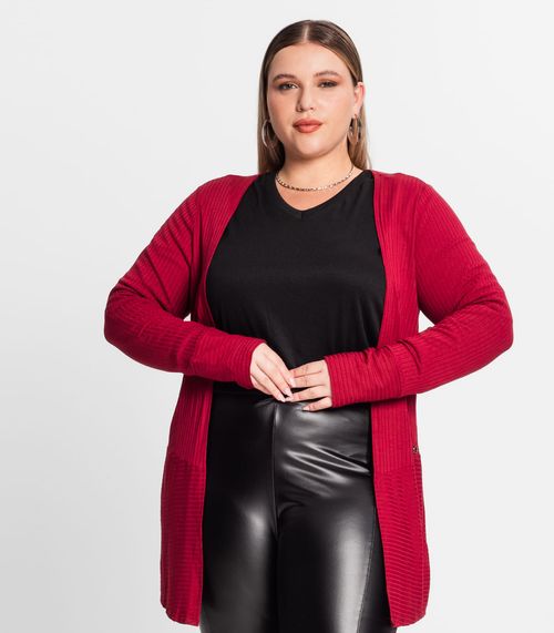 Cardigan Plus Size Em Ribana Canelada Secret Glam Vermelho