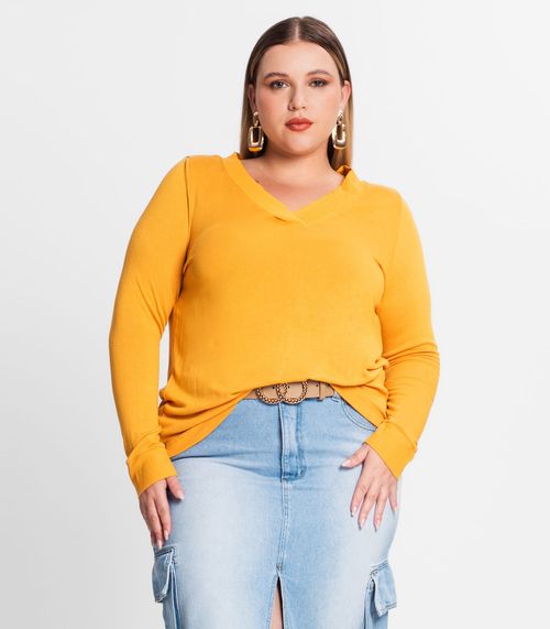 Blusão Feminino Plus Size Decote V Secret Glam Amarelo