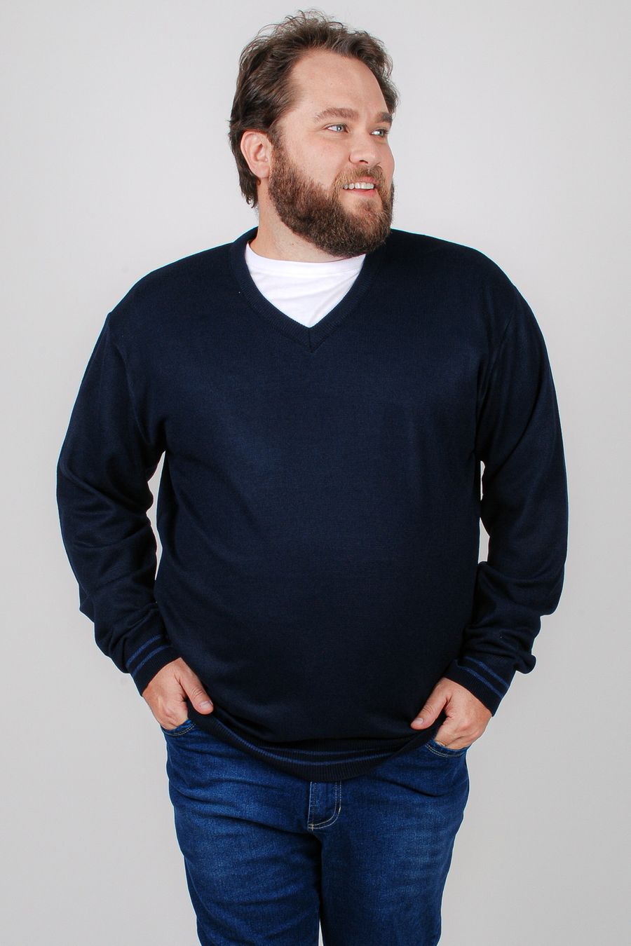 Blusa suéter  de tricô gola v plus size azul marinho