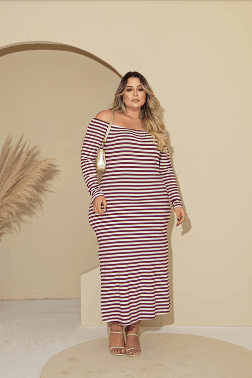 Vestido Longo Lis Manga Longa Plus Size VINHO