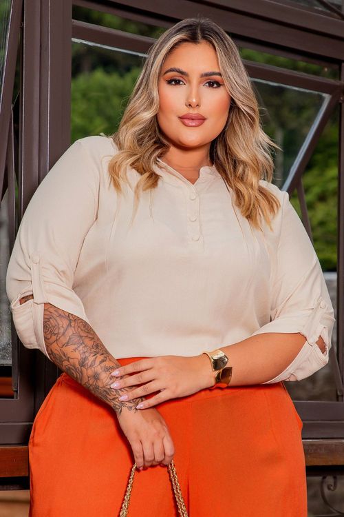 Camisa Feminina Keiko Nervura Manga 7/8 Plus Size AREIA