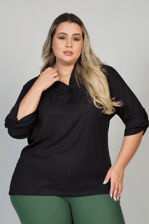 Camisa Feminina Keiko Nervura Manga 7/8 Plus Size PRETO