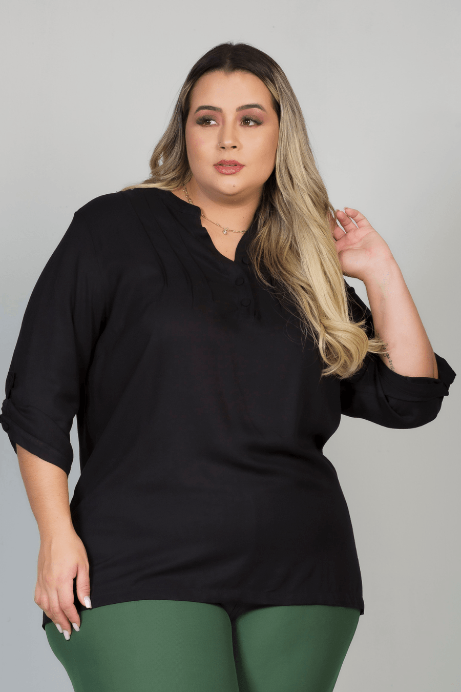 Camisa Feminina Keiko Nervura Manga 7/8 Plus Size PRETO