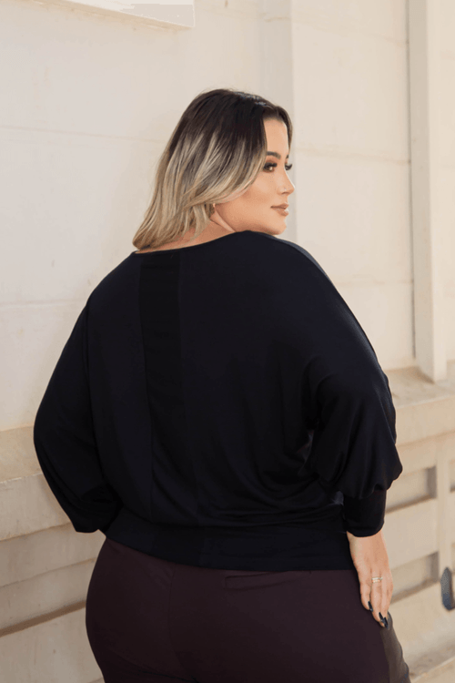 Blusa Manga Morcego 7/8 Plus Size PRETO