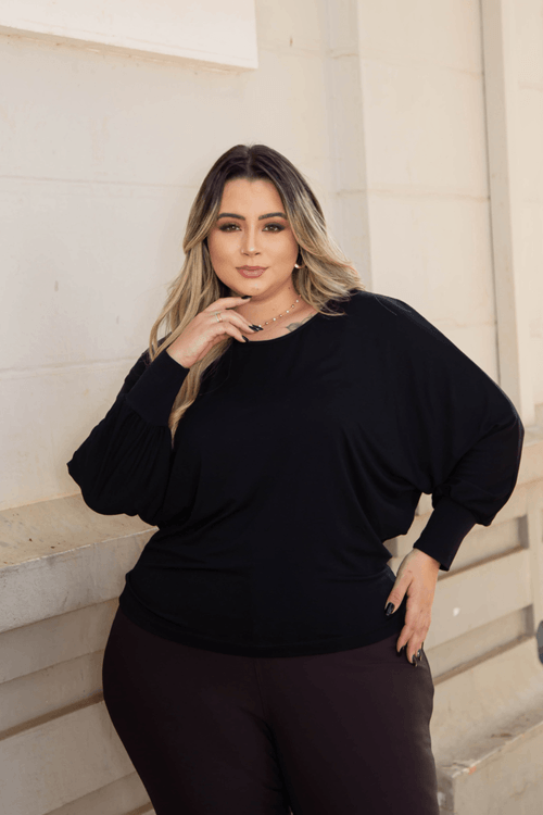 Blusa Manga Morcego 7/8 Plus Size PRETO