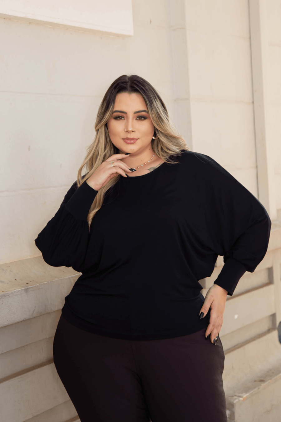 Blusa Manga Morcego 7/8 Plus Size PRETO