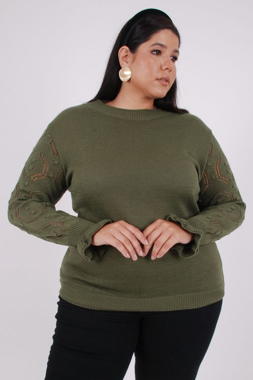 Blusa em tricô com textura na manga longa verde militar