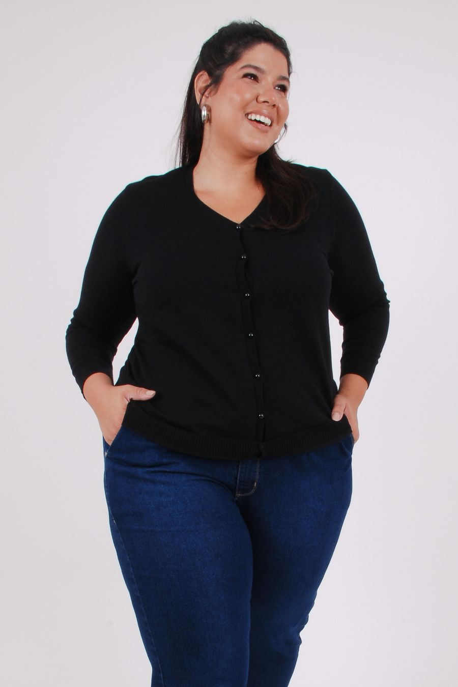 Cardigan liso em tricô preto