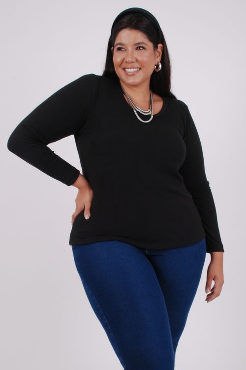 Blusa manga longa malha tricô preto