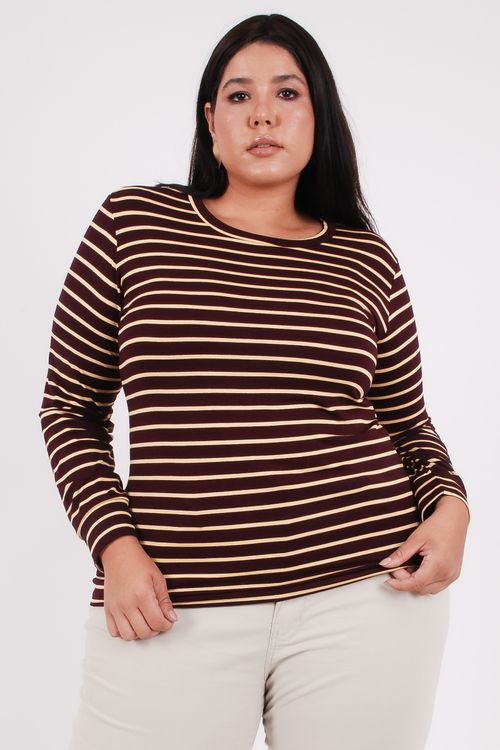 Blusa manga longa feminina malha listrada vinho