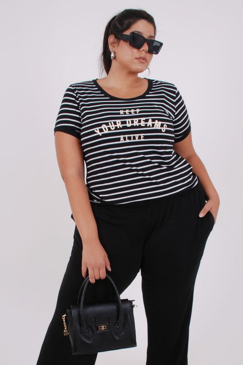 Blusa em malha listrada com estampa na frente preto