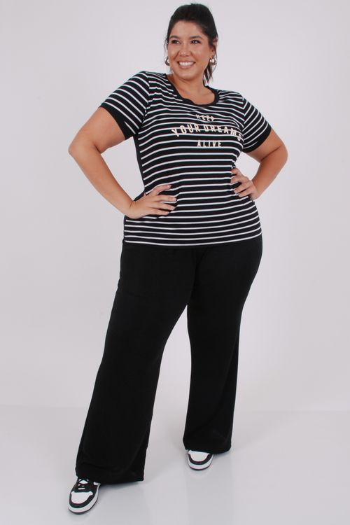 Blusa em malha listrada com estampa na frente preto