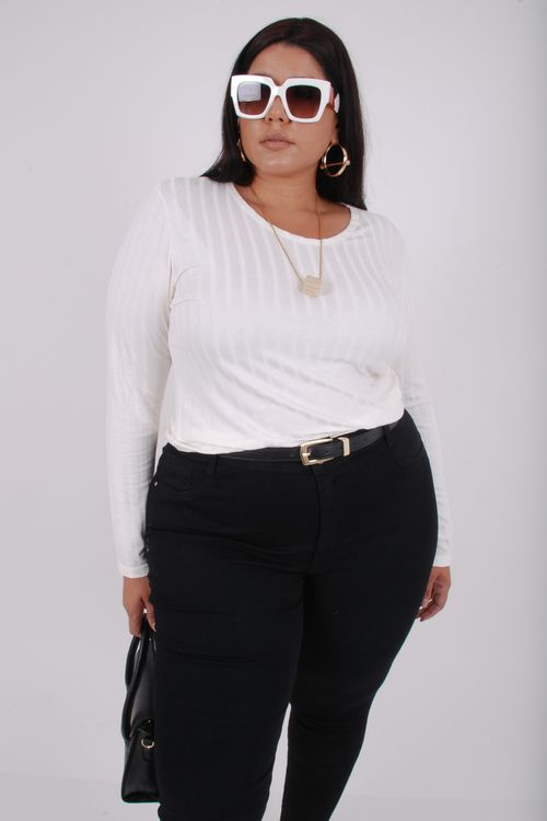Blusa manga longa canelada lisa off white