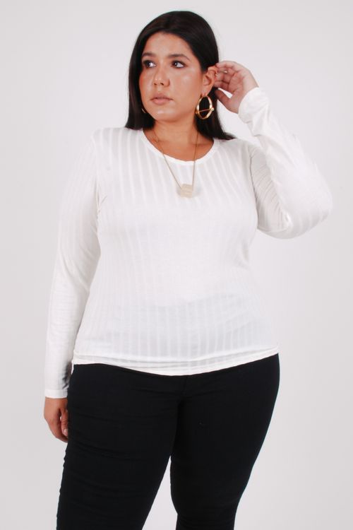 Blusa manga longa canelada lisa off white