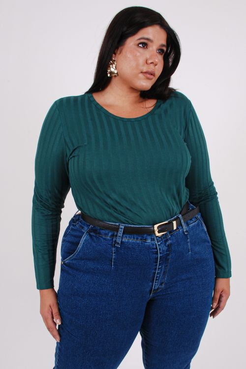 Blusa manga longa canelada lisa verde
