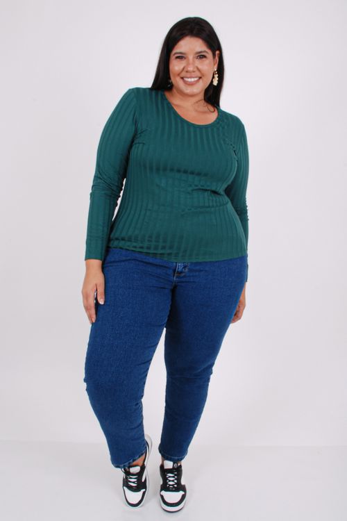 Blusa manga longa canelada lisa verde