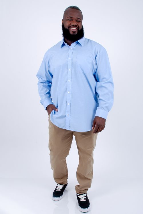 Camisa tricoline maquinetada manga longa azul