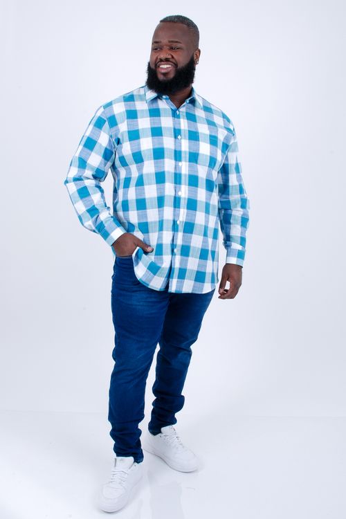 Camisa manga longa xadrez masculina azul
