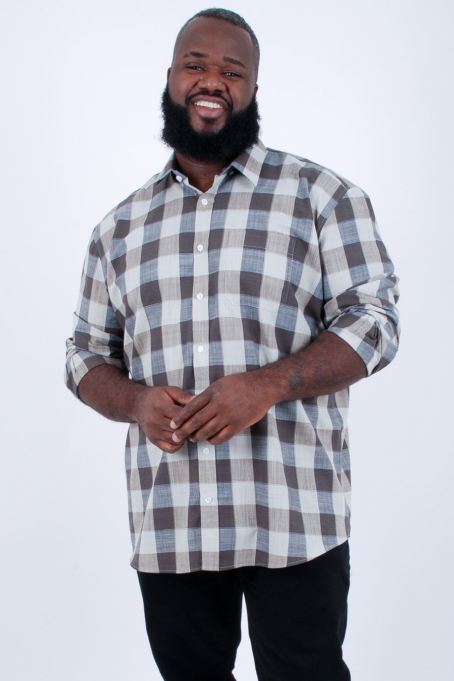 Camisa manga longa xadrez masculina marrom