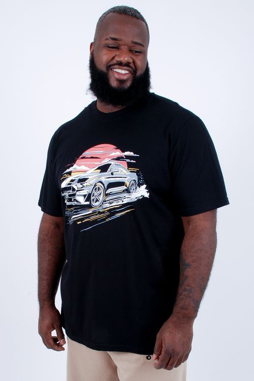Camiseta manga curta meia malha estampa carro preto
