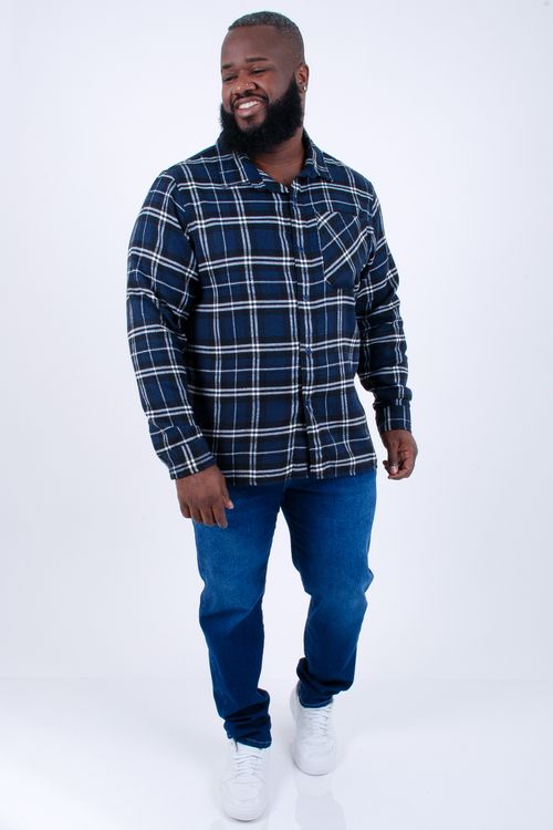 Camisa manga longa masculina xadrez flanelada azul marinho