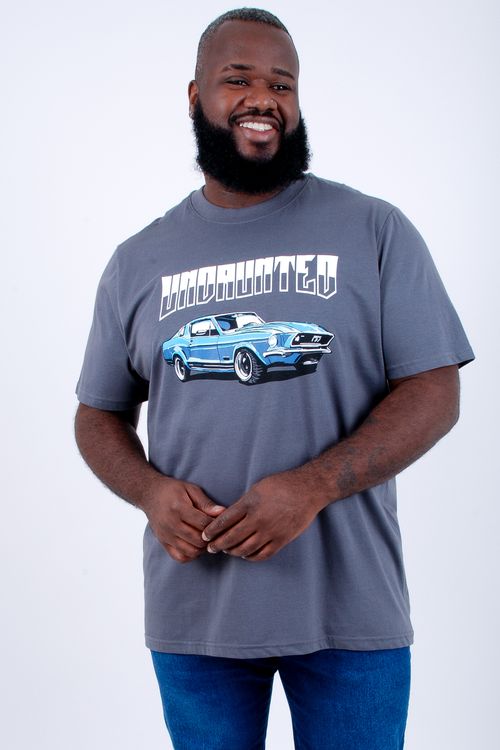 Camiseta meia malha masculina com estampa frente cinza chumbo