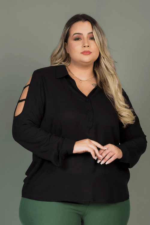 Camisa Queren Manga Longa Abertura Plus Size PRETO