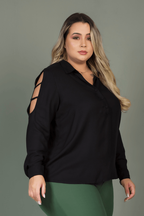 Camisa Queren Manga Longa Abertura Plus Size PRETO