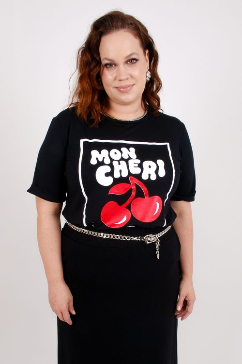 Blusa manga curta malha feminina estampa localizada cereja preto