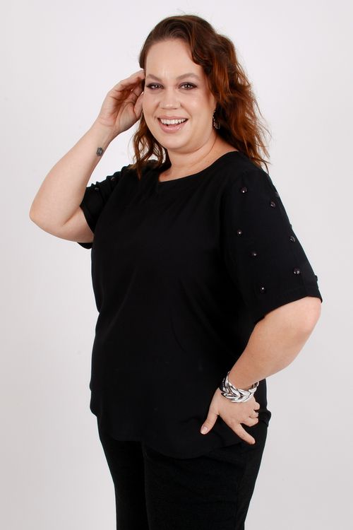 Blusa viscose manga bordada feminina preto