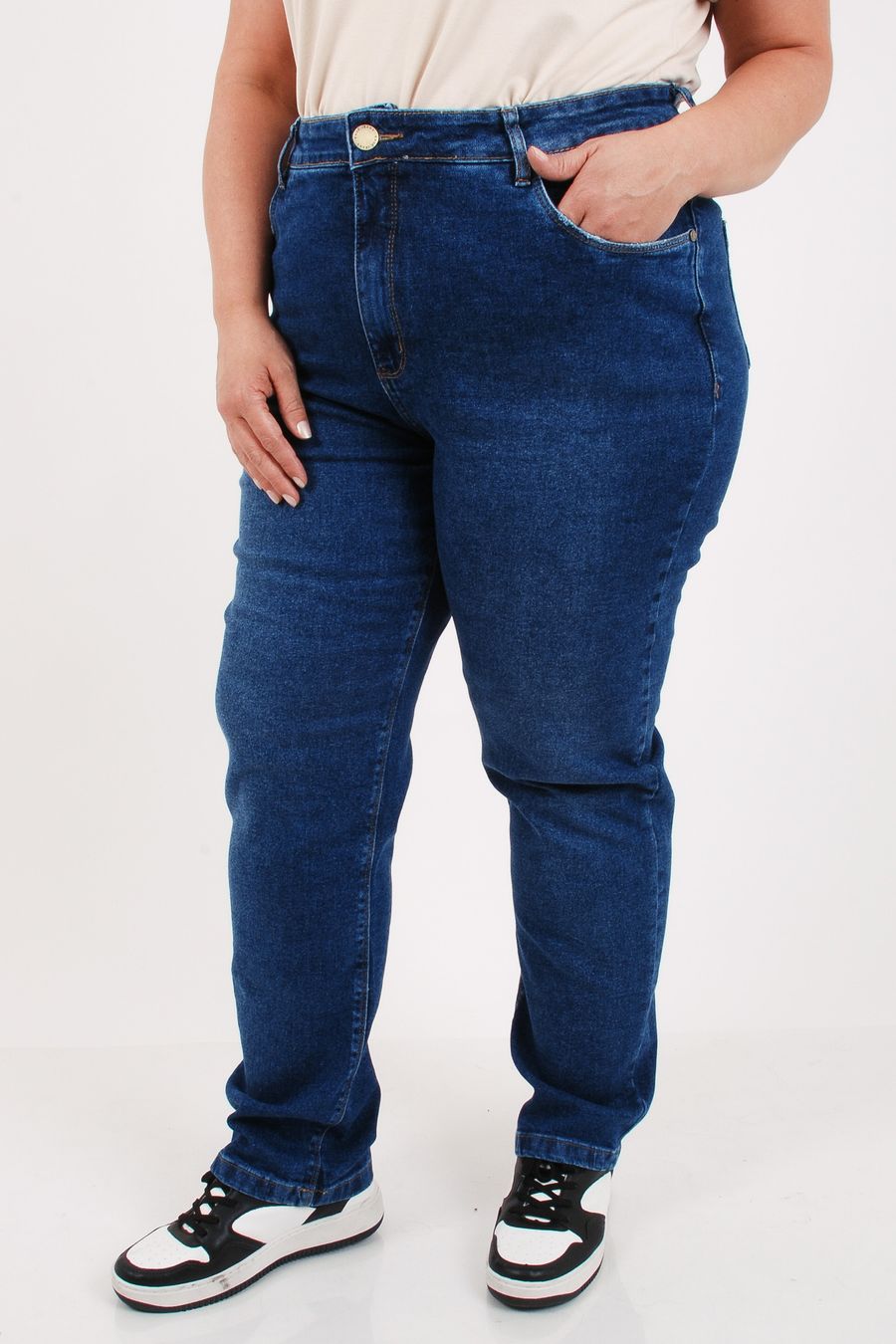 Calça reta jeans algodão elastano feminina  azul