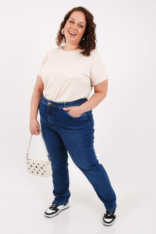 Calça reta jeans algodão elastano feminina  azul
