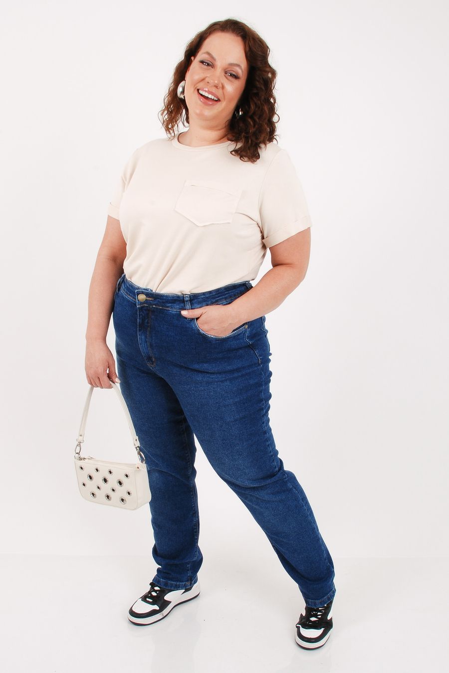 Calça reta jeans algodão elastano feminina  azul