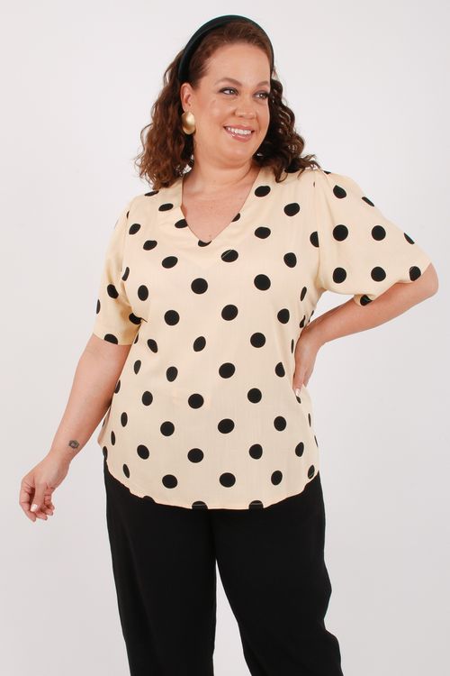Blusa viscose poá manga curta bege