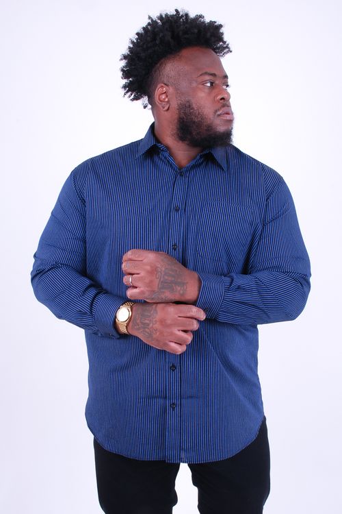 Camisa manga longa tricoline listrada masculina azul marinho
