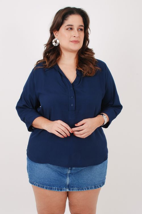 camisa viscose lisa meia vista azul marinho