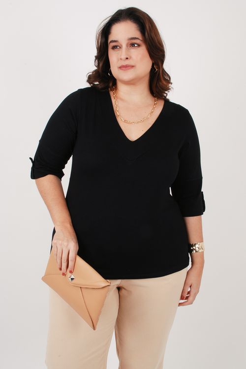 Blusa malha viscose com manga e botão nos punhos preto